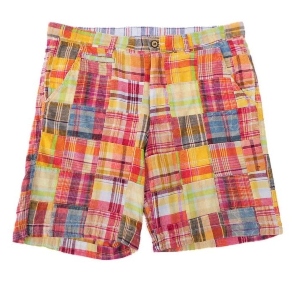 Vintage Mens Madras Shorts Patchwork Colorful Stone Washed Red Blue Yellow L
